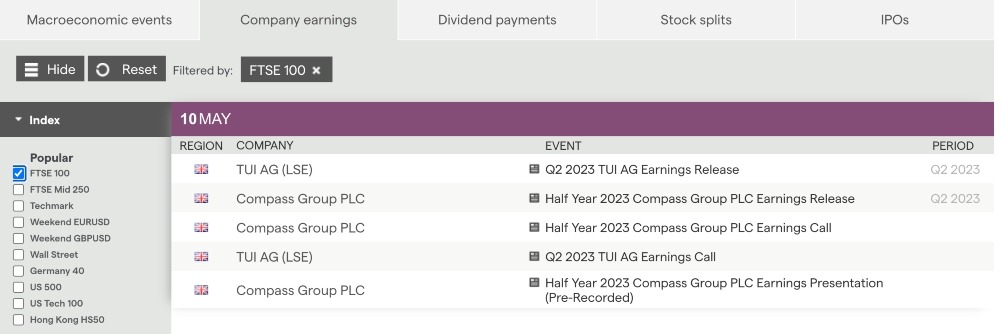 Company earnings calendar at IG Index