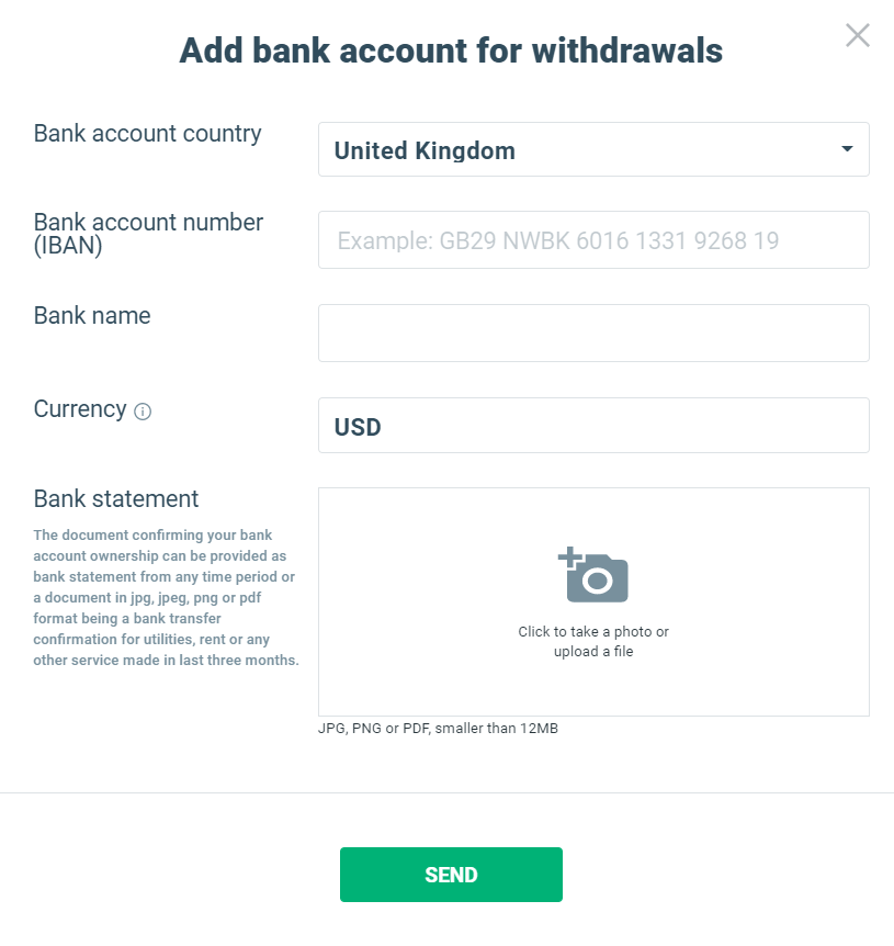 XTB UK withdrawal process showing how to add bank account