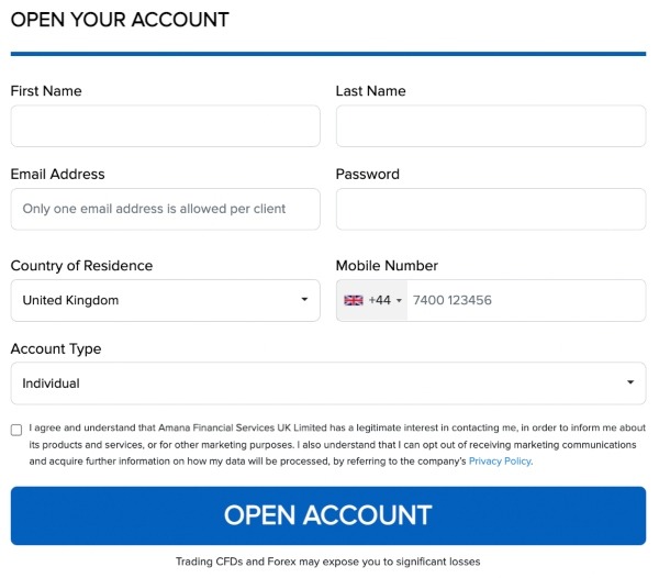 Amana Capital sign-up form