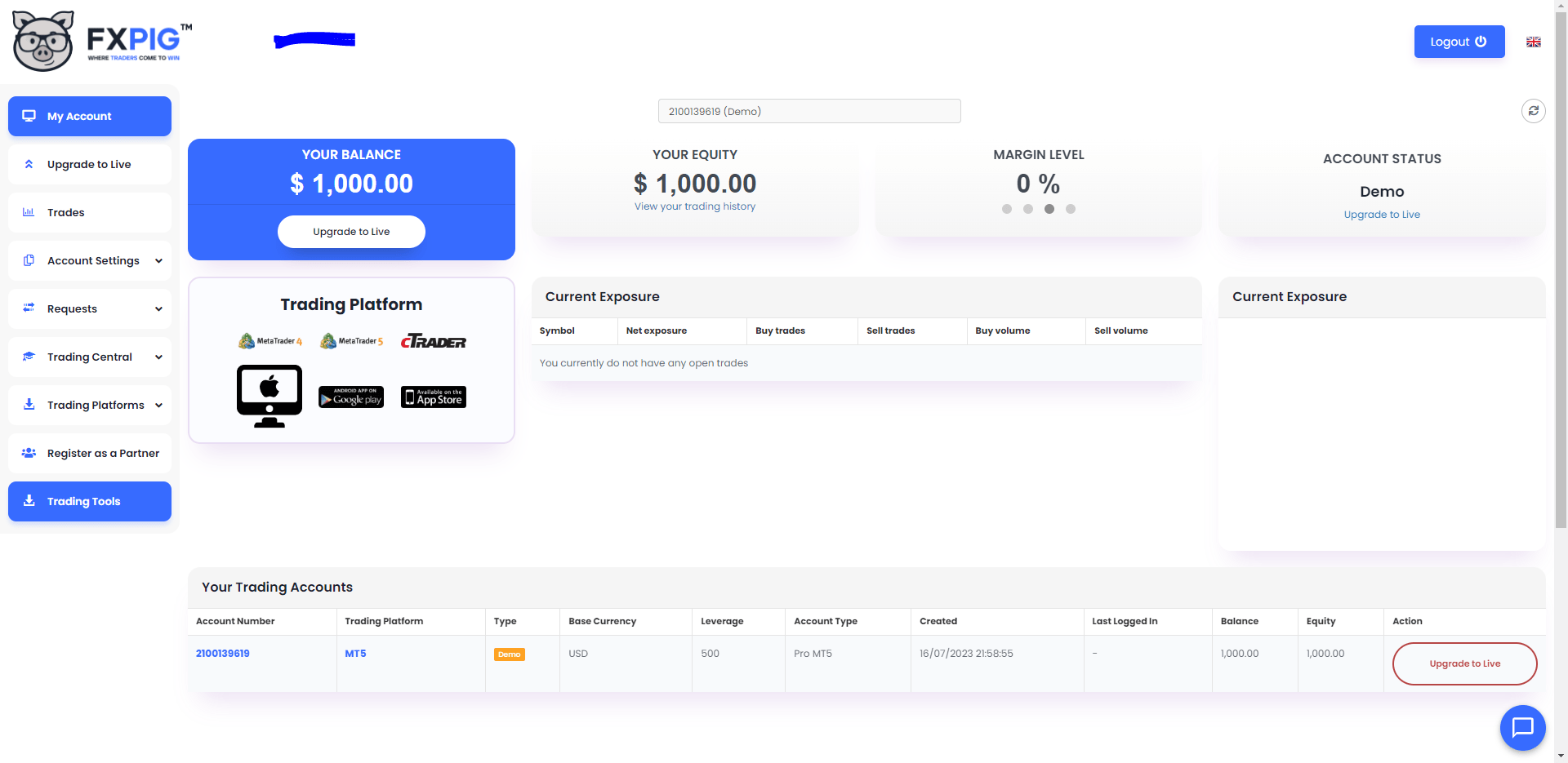 The FXPIG client portal dashboard with a demo account holding £1,000