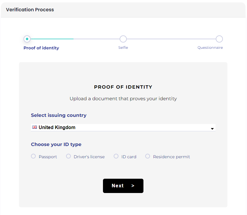 Screenshot of the identity verification check carried out by FXPIG upon registering for an account