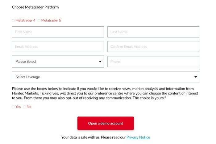 Demo trading sign up with Hantec Markets