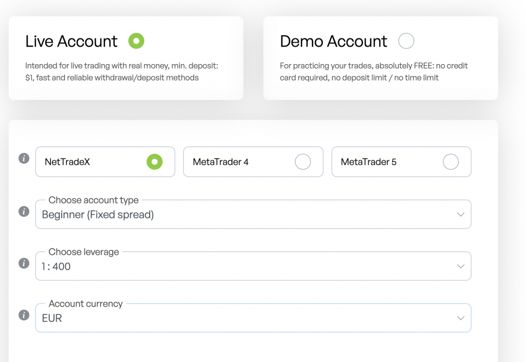 Live account registration page at IFC Markets