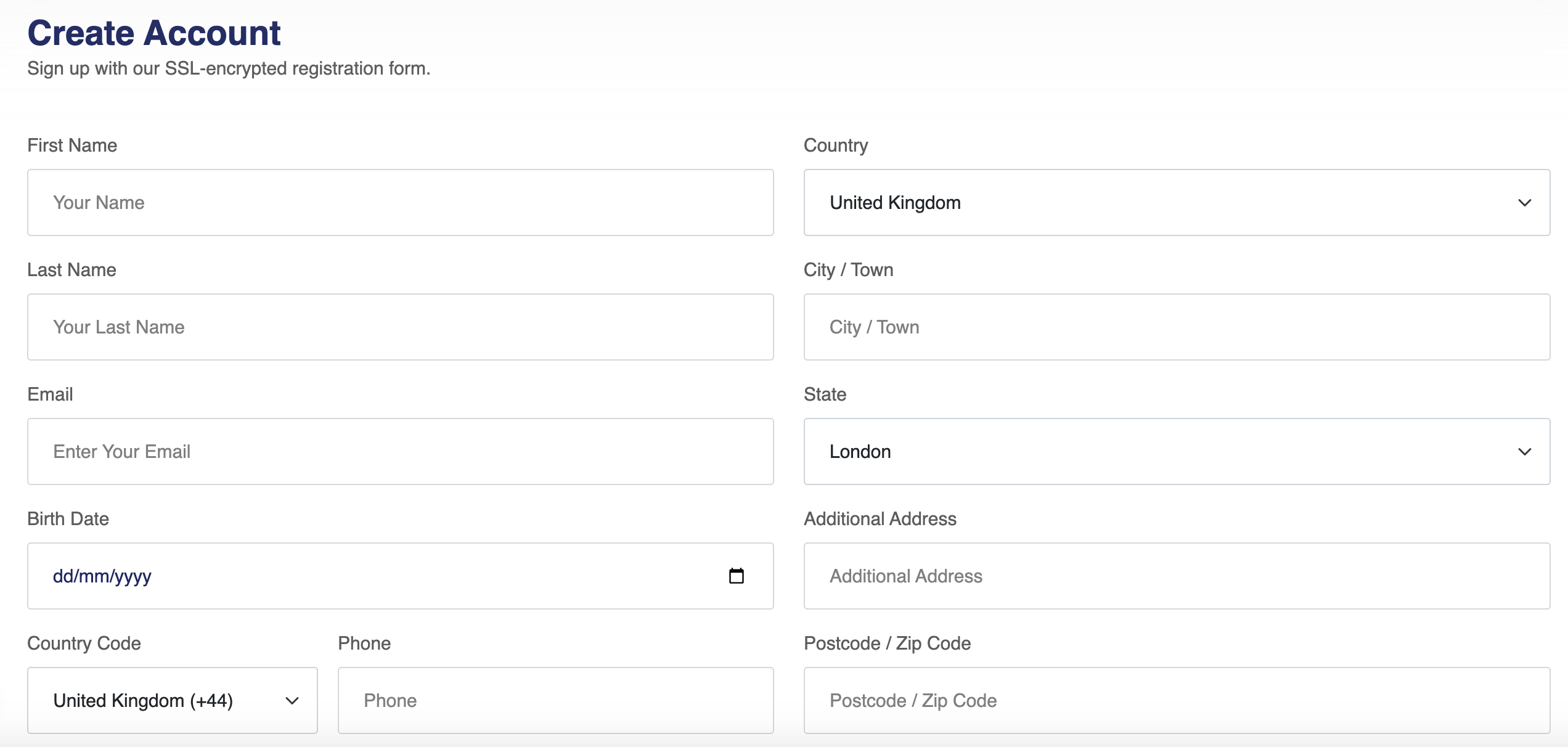 Registration form details for an LBLV live trading account