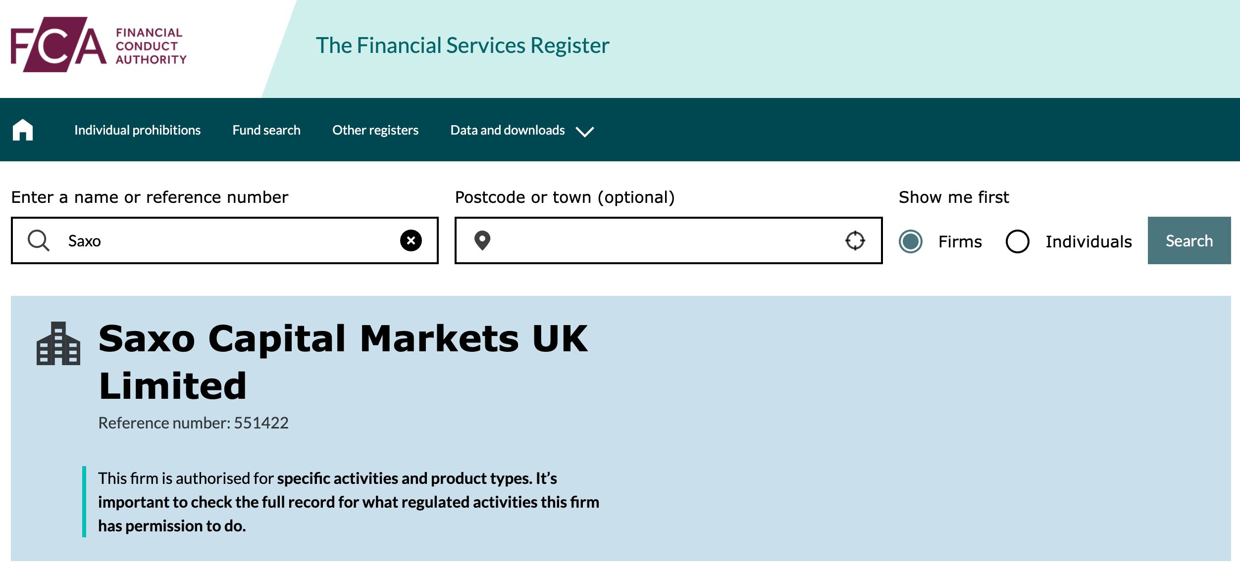 Saxo Markets on authorised FCA broker database