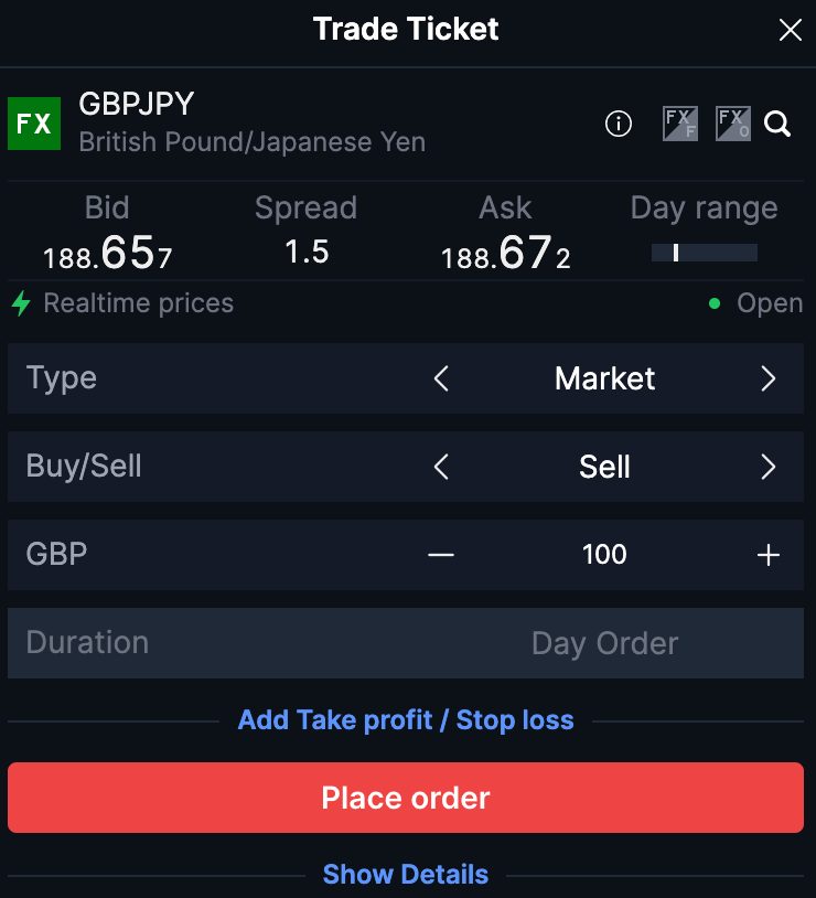 Trade ticket for GPB/JPY on Saxo trading platform