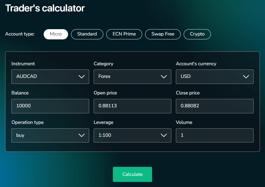 Grand Capital's bespoke account-specific trading calculator