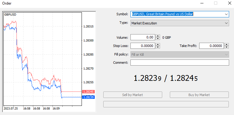 Pop-up MT5 order window for trade placement with TradeView Forex