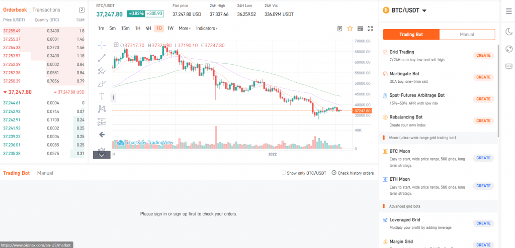 Pionex infinity grid bot and price gap profit control strategies on its proprietary web platform