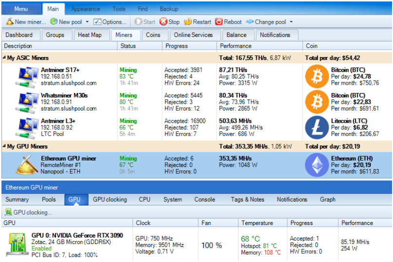 Screengrab of Awesome Miner's hardware management platform