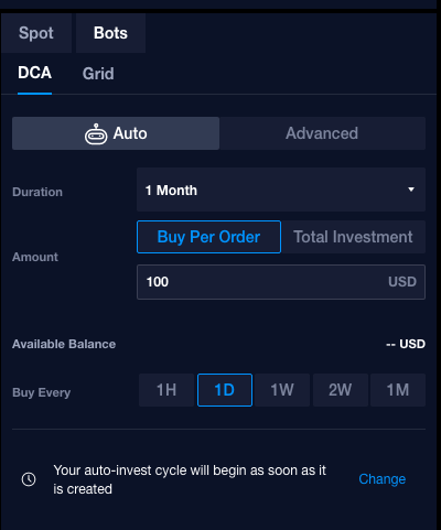 Bot creation window at Crypto.com