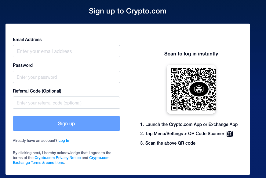 Account registration window at Crypto.com