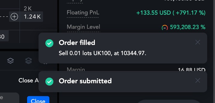 UK100 trade confirmed on PU Prime