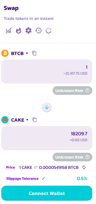 Swap order screen at PancakeSwap