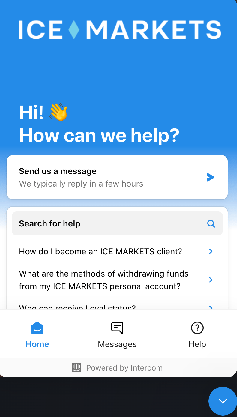 Screengrab of the ICE Markets customer support pop-up