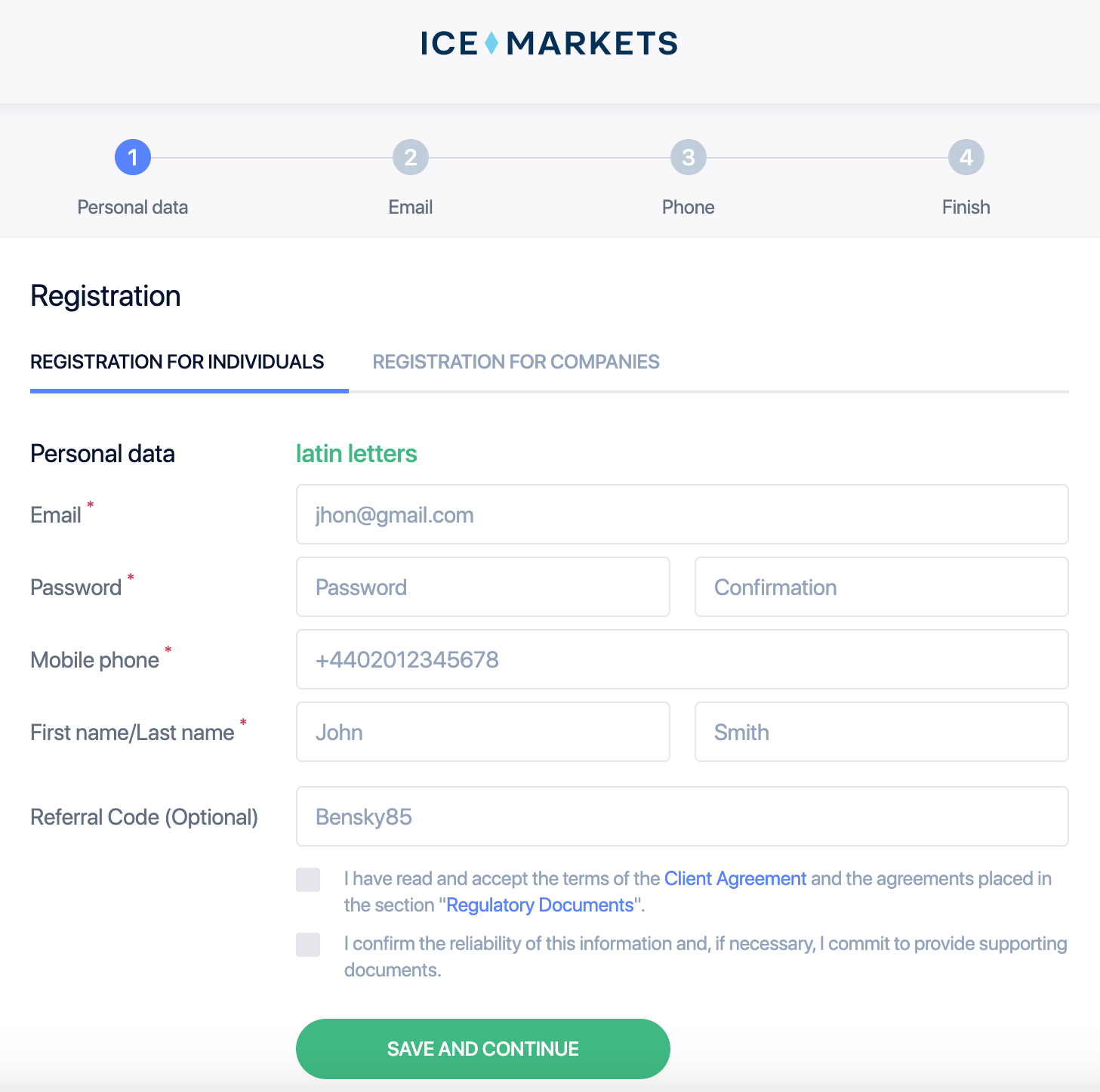 Screenshot of the ICE Markets registration screen