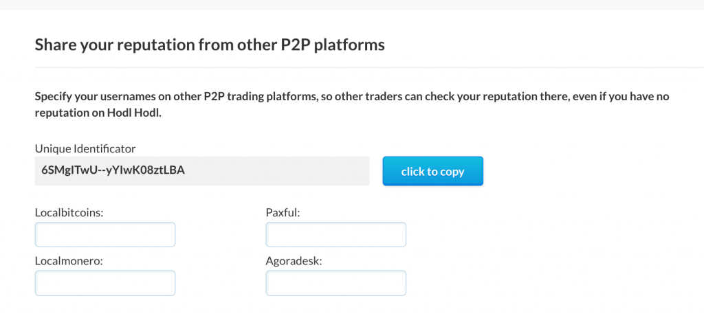 Account settings at HODL HODL. Adding other P2P profiles 