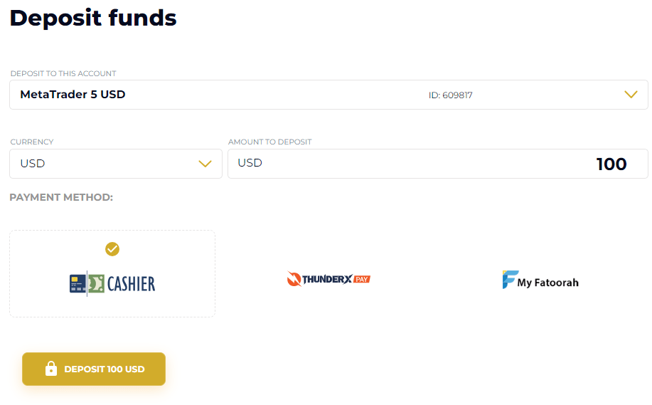 Dashboard of Golden Brokers' key deposit methods