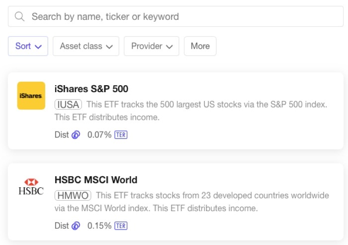 ETF search function on InvestEngine