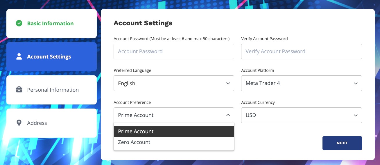 Account settings on IMMFX registration form