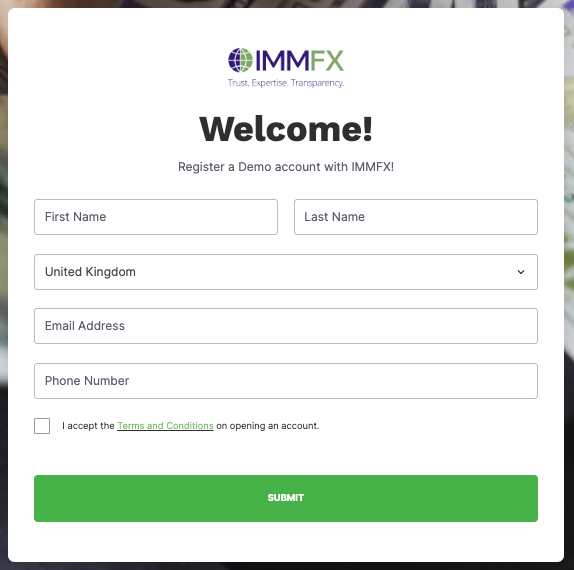 Demo account registration form at IMMFX