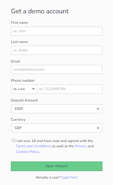 Switch Markets Demo Account Registration Form