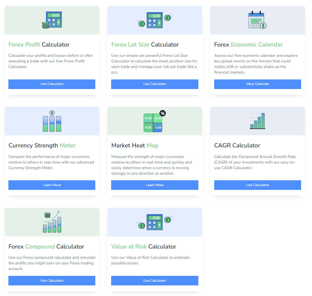 Eight forex calculators and additional tools available with Switch Markets