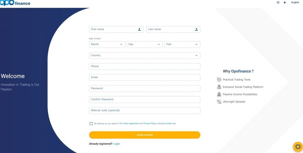 Online account registration form at Opofinance