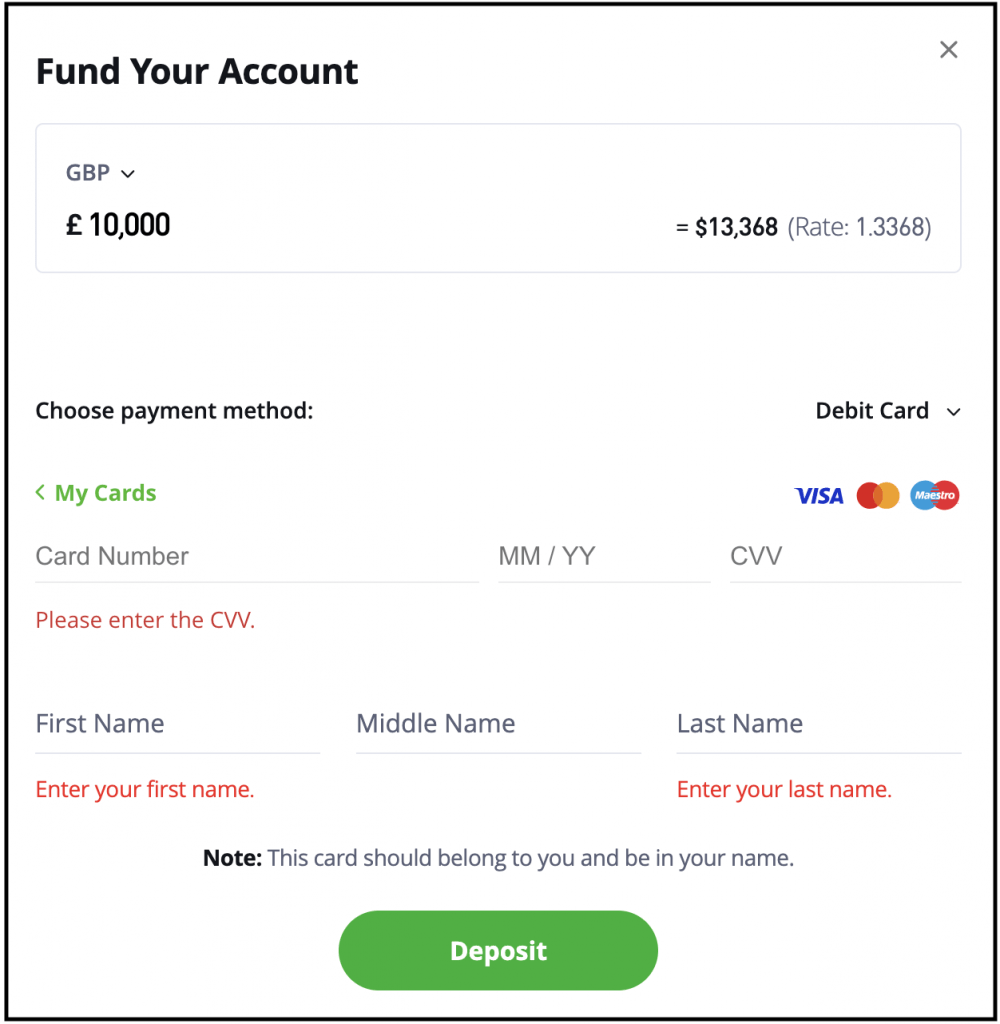 Using a debit card to fund an eToro account