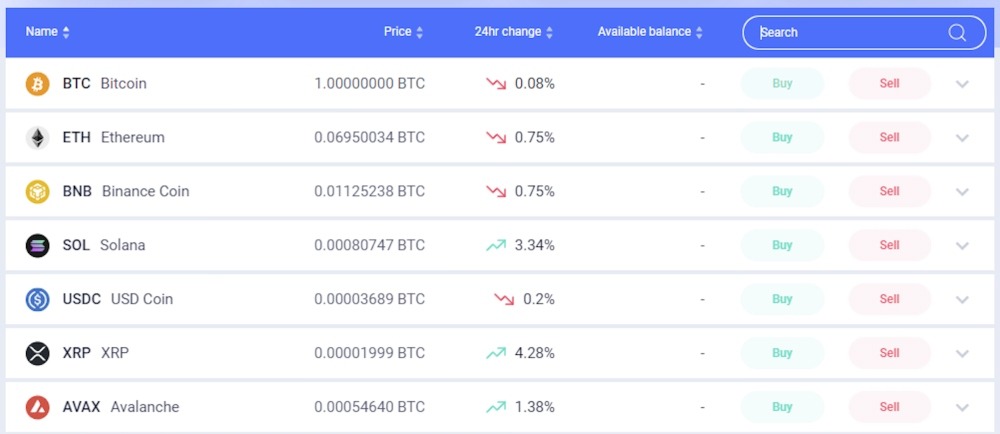 Table with popular cryptocurrencies at VALR exchange