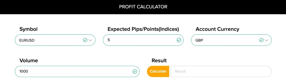 FairMarkets profit calculator on EUR/USD trade