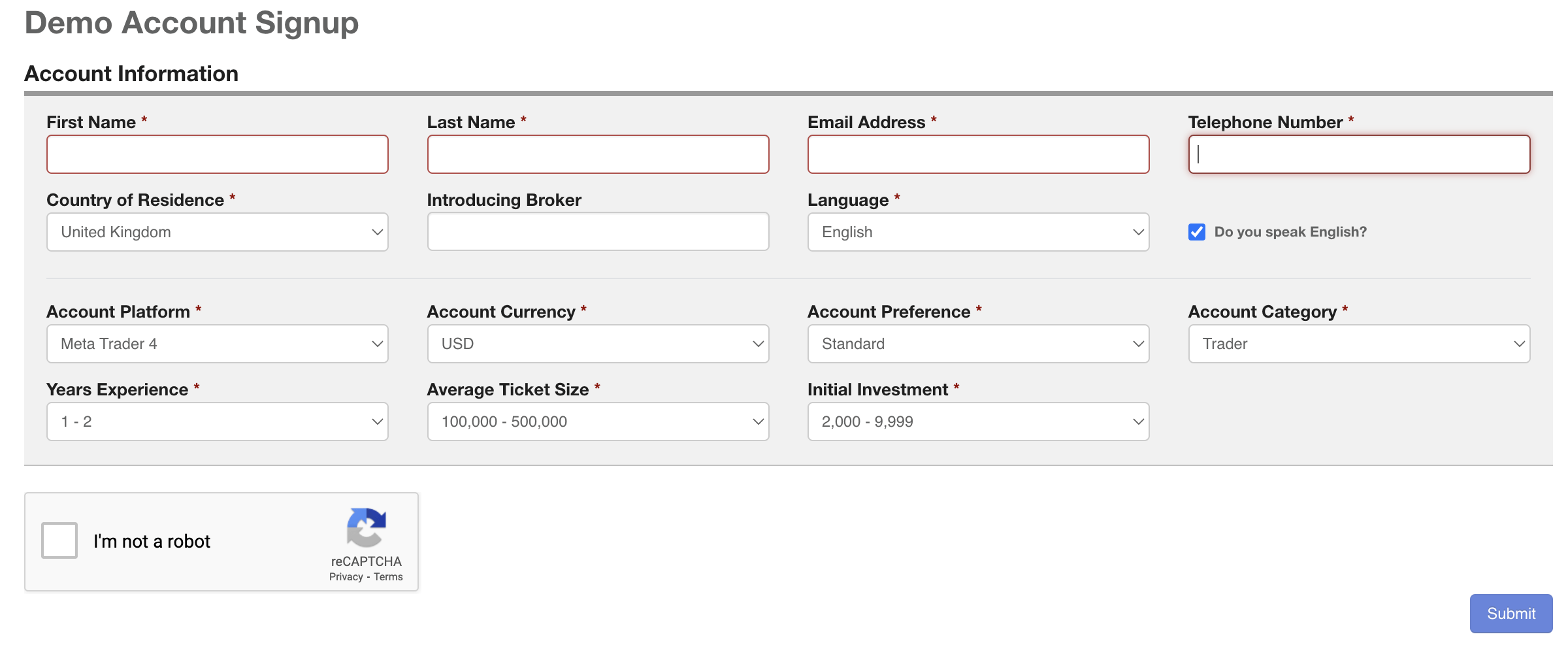 Golden Capital FX demo account registration form