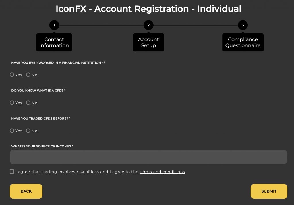 Icon FX account registration form