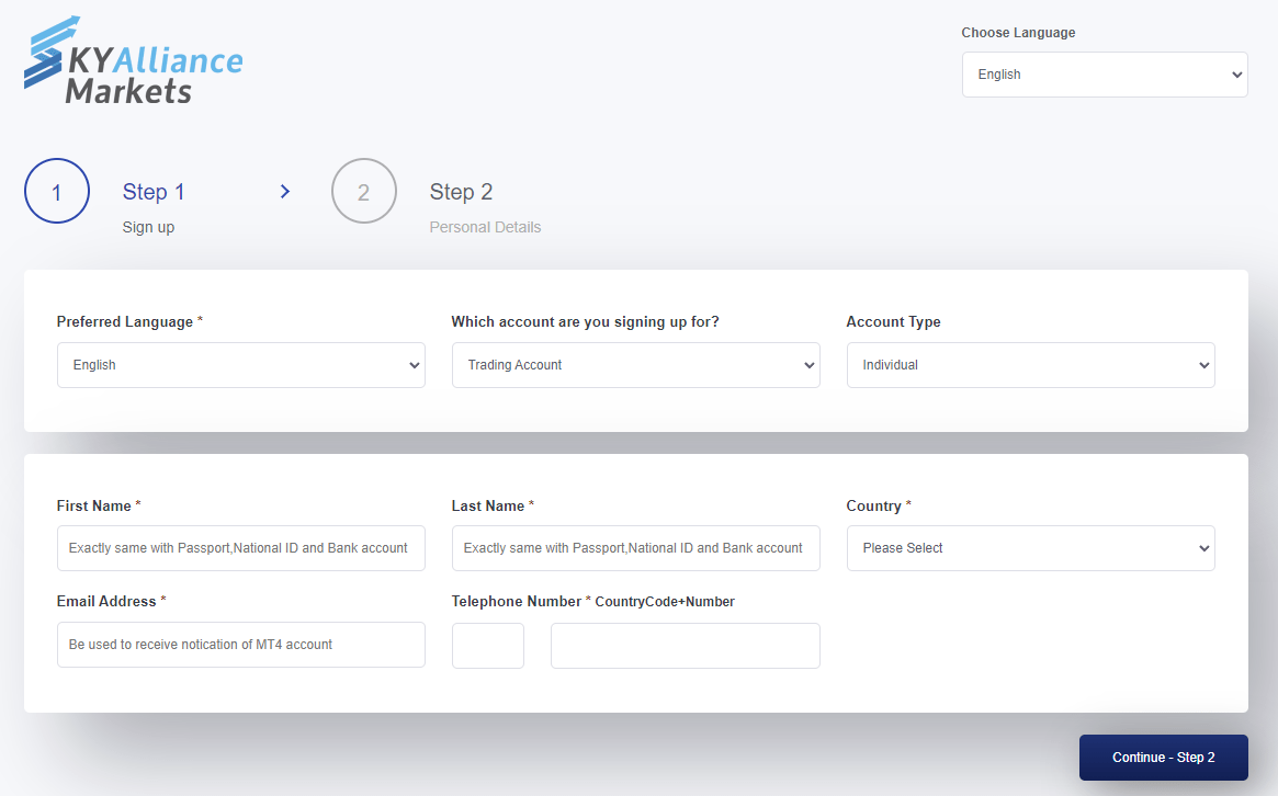 Sky Alliance Markets live account form