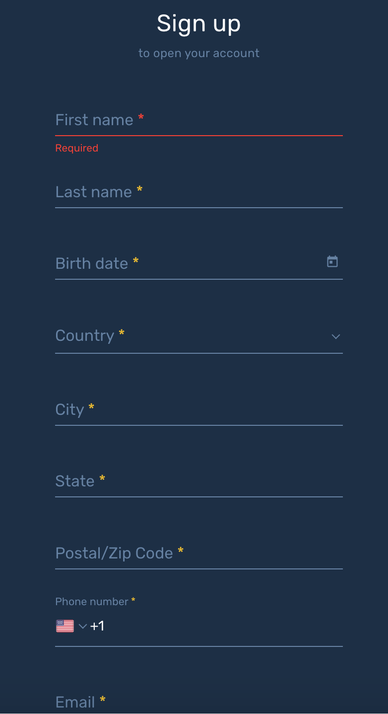 Unicorn Forex account registration form key input fields