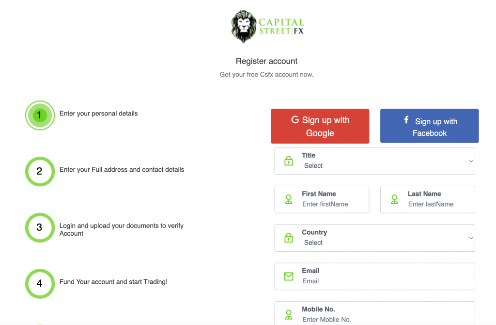 Capital Street FX account sign-up form