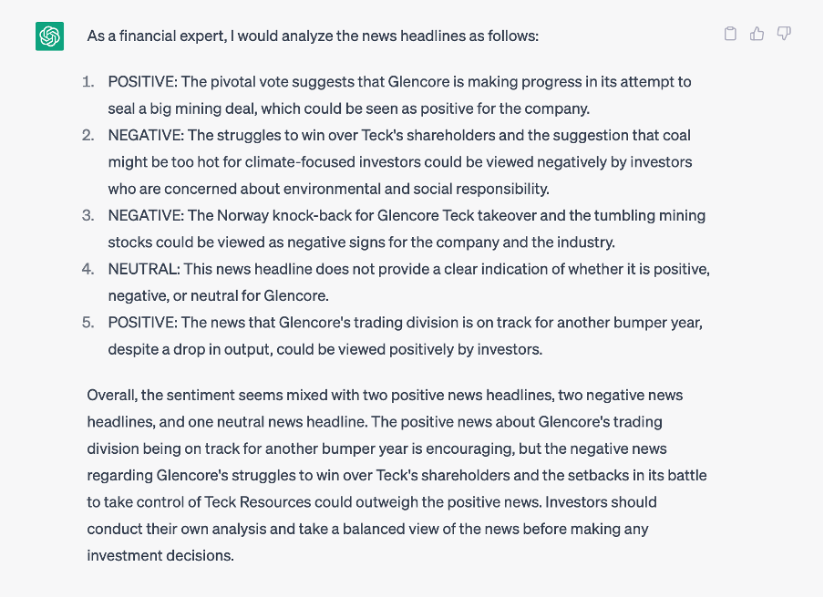 Results of ChatGPT analysis of Glencore stock