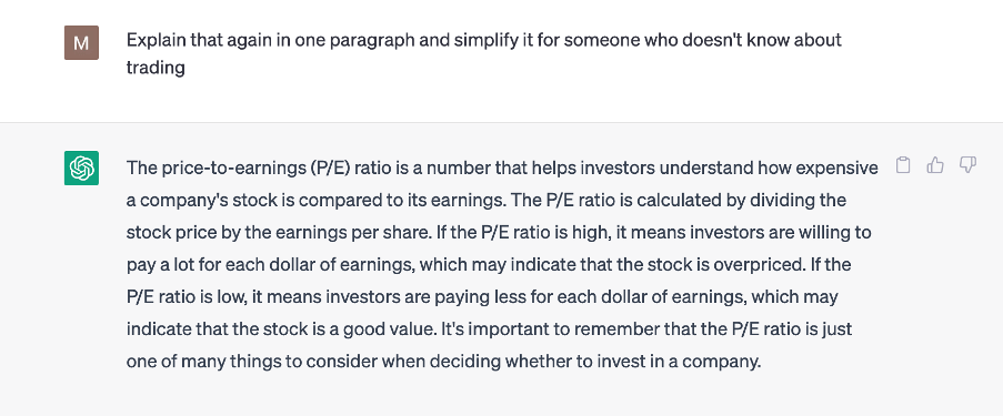 ChatGPT explaining how P/E ratio works