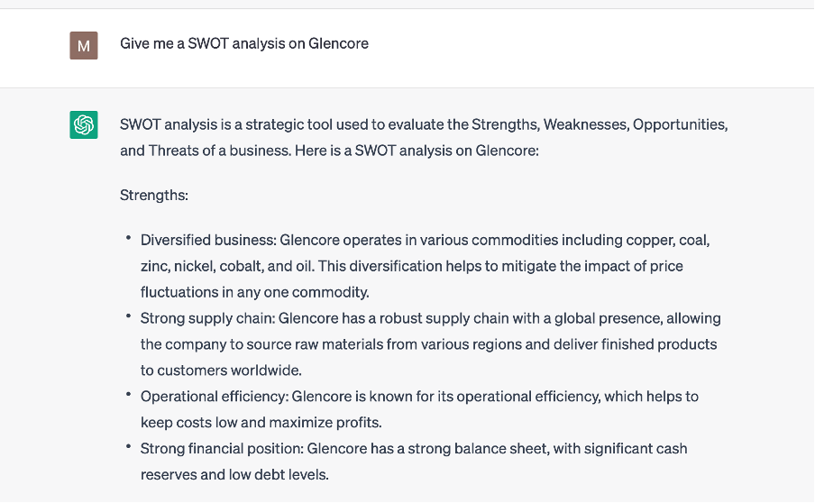 SWOT analysis of Glencore stock using ChatGPT