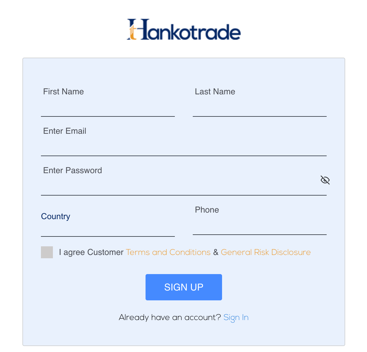 Screenshot of the Hankotrade account signup sheet