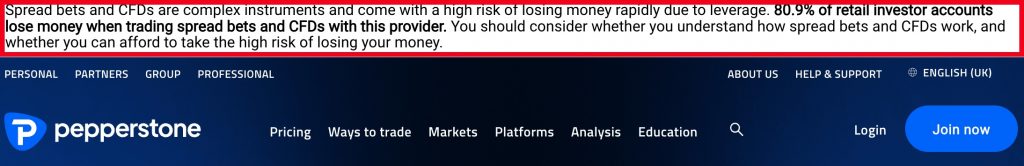 Pepperstone risk warning with percentage of losing traders