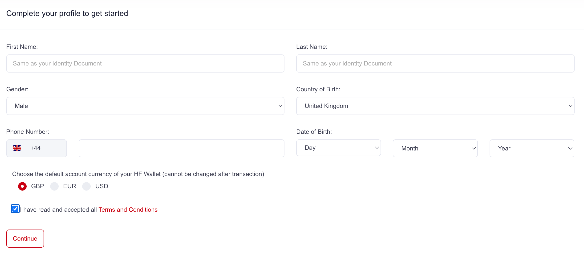 Screenshot of the HF Markets account registration form