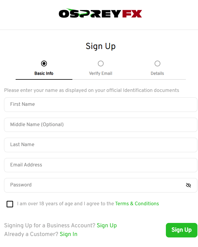 Live account registration at OspreyFX