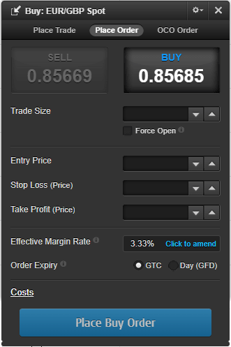 Menu options for filling out a BUX Markets order form