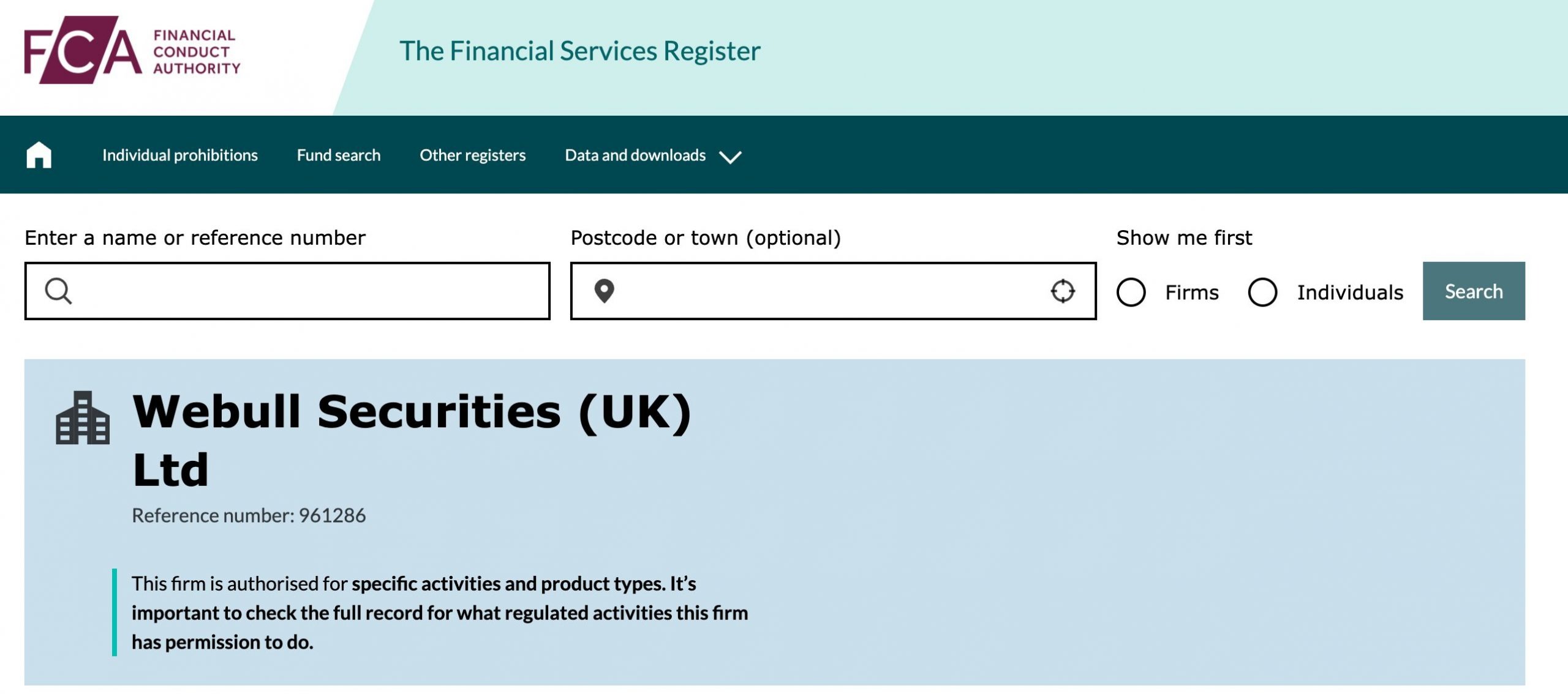 Webull UK license on FCA database