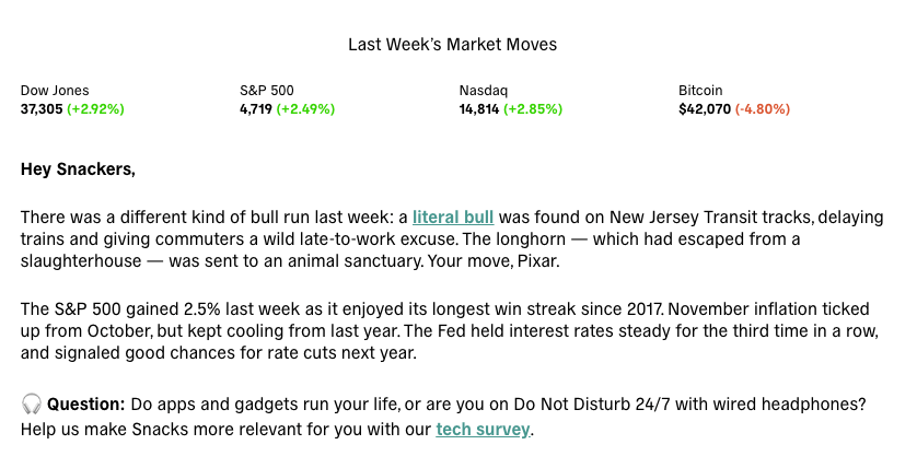 "Snacks" financial news subscription at Robinhood