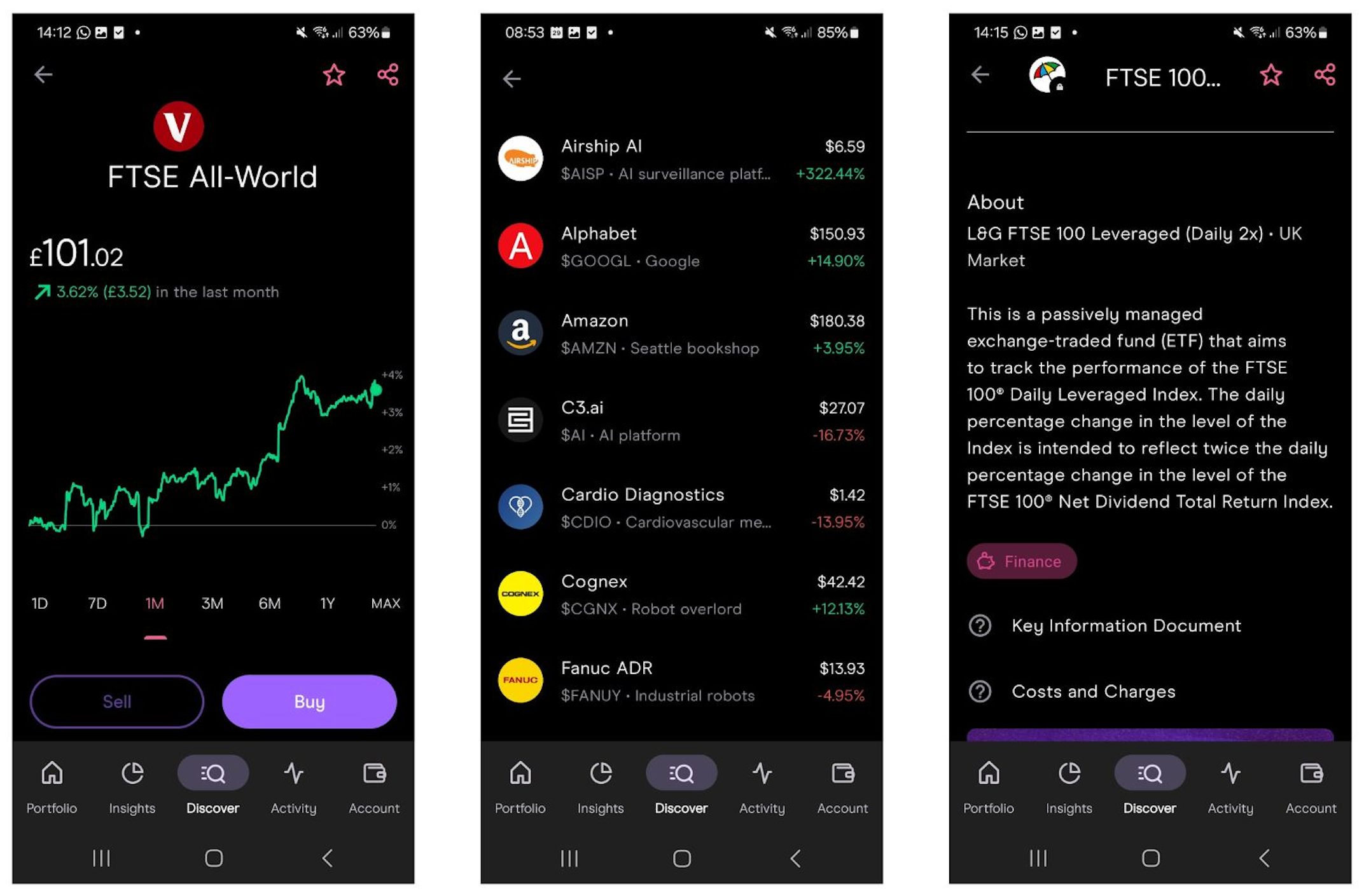 Freetrade app showing UK stocks and FTSE 