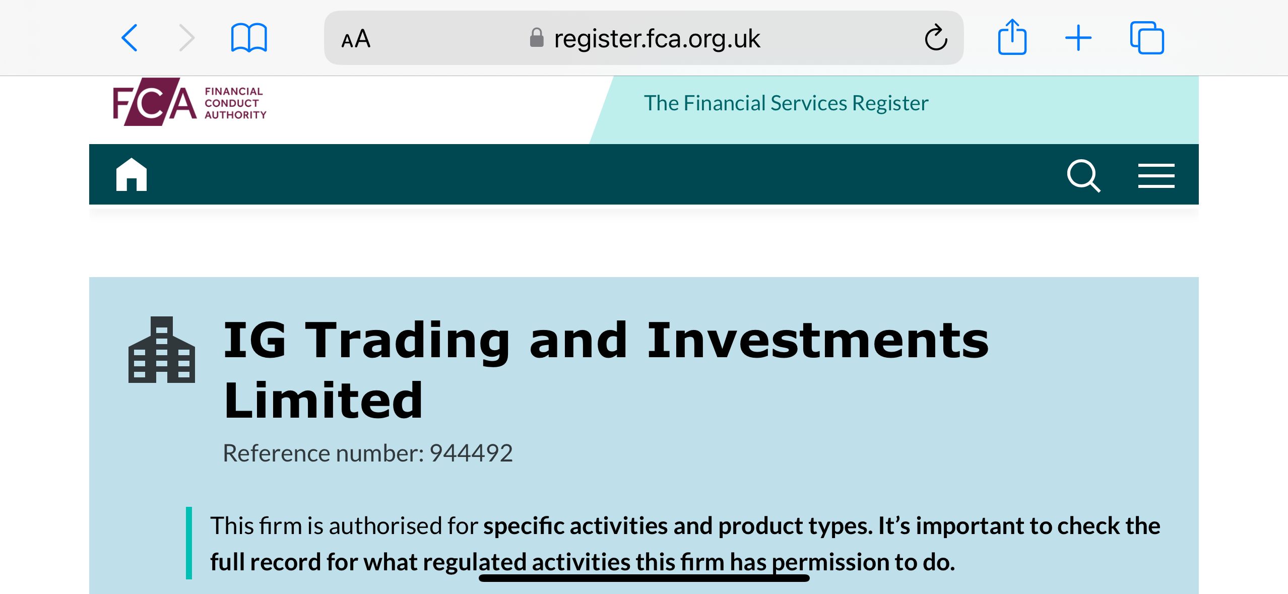 IG UK license details on FCA database