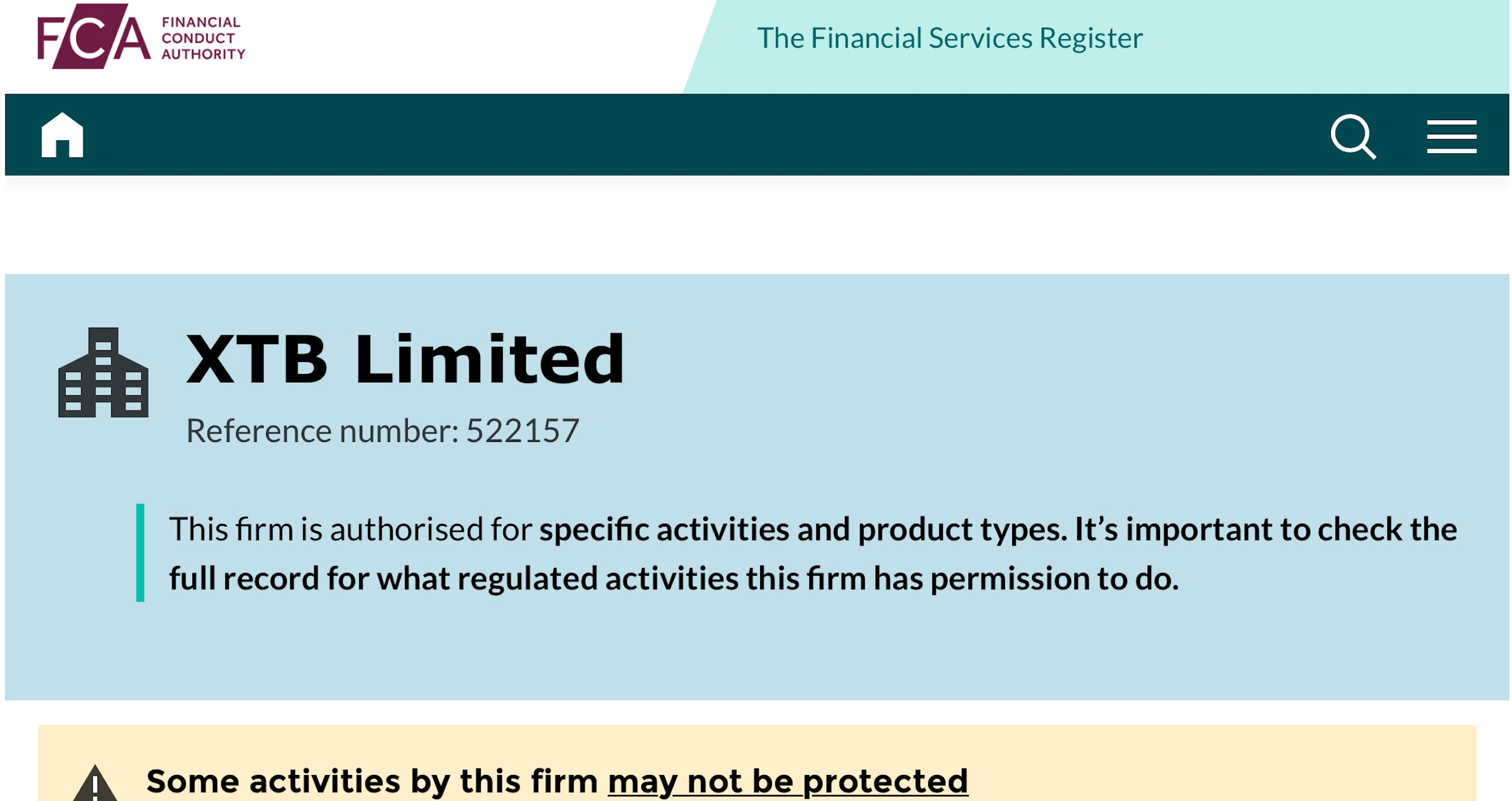 FCA register showing XTB is authorised in the UK