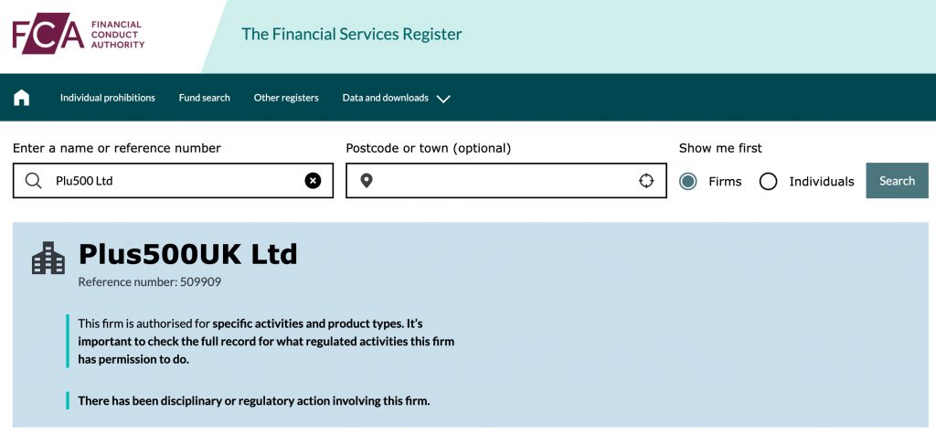Verifying Plus500 day trading broker is authorised on UK's FCA register